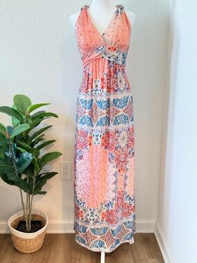 SOLD Shoreline Floral Paisley Halter Maxi Dress Pink Blue L/XL Festival